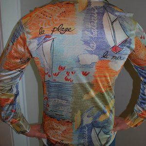 1970s VINTAGE DISCO men's shirt long sleeve long collar,  Sailboat La Mer